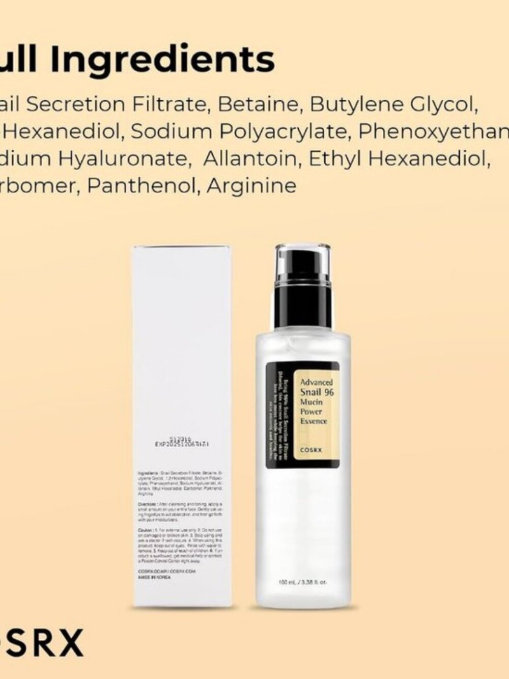 COSRX Snail Mucin 96% Repairing Serum for Sooothing & Hydrating 3.38 oz. - Picture 7 of 8